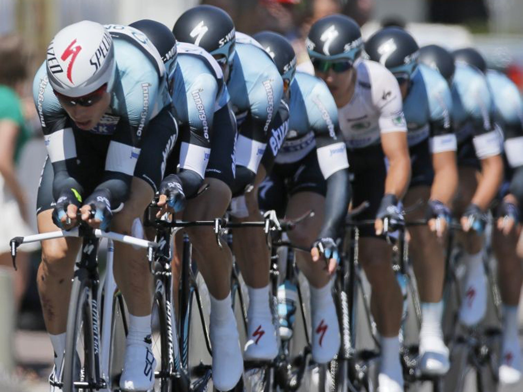 Team Omega Pharma-Quick Step rides during the fourth stage of the Tour de France cycling race, a team time-trial over 25 kilometers