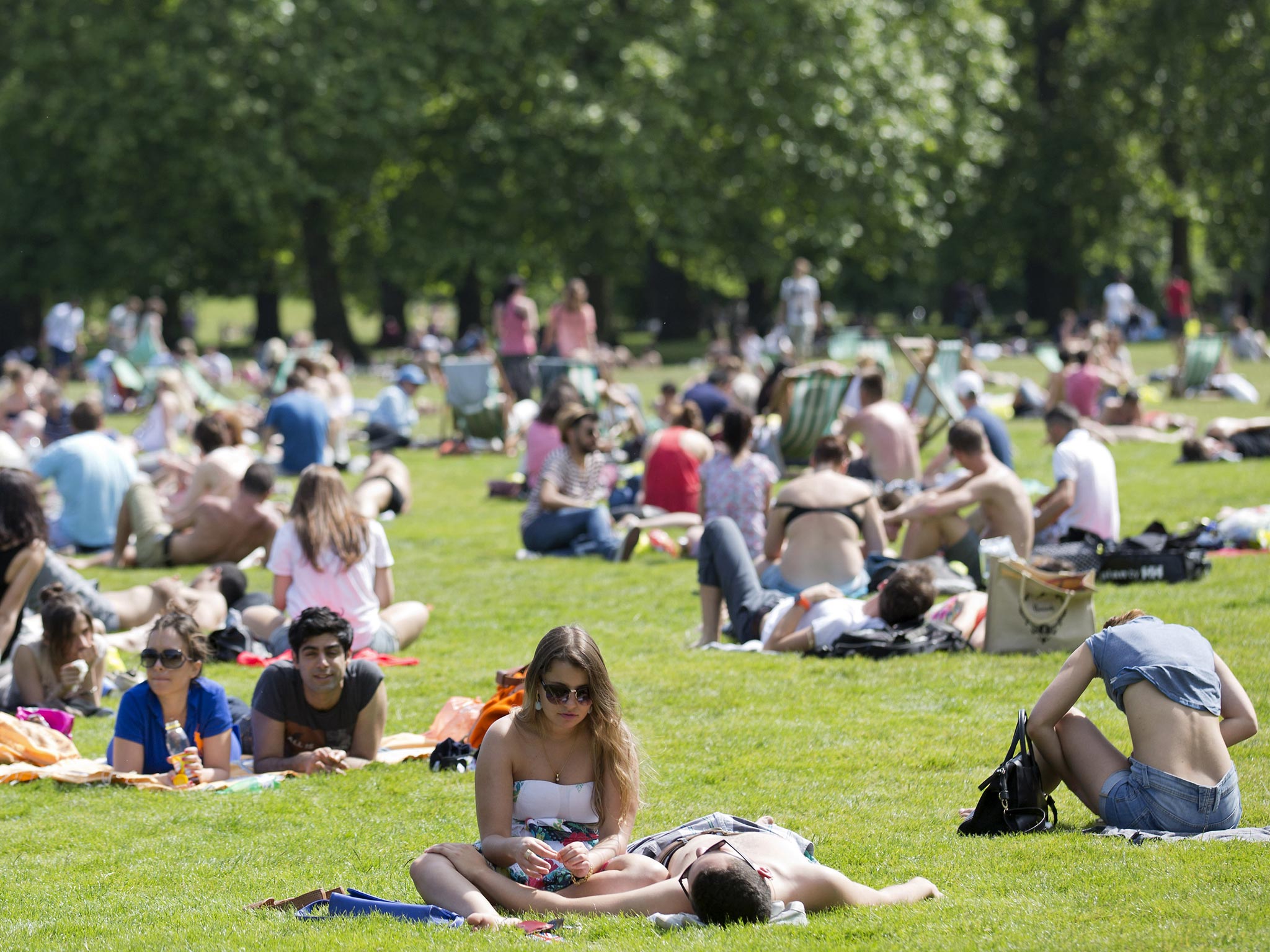 People sunbathe in the summer heat in a park in central London