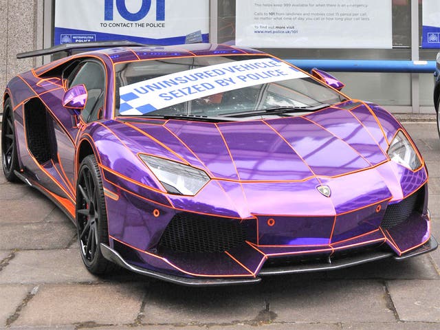 The seized Lamborghini Aventador on display outside New Scotland Yard