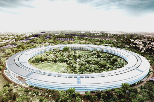 Apple: the 2.8 million sq ft 'Spaceship' campus, due to open in 2016, has drawn comparisons with the Death Star in Star Wars. It will house around 14,200 employees and cost an estimated $5bn (£3.25bn) to build. It will also contain a 1,000-seat auditorium, a gym and 300,000sq ft of 'research' space