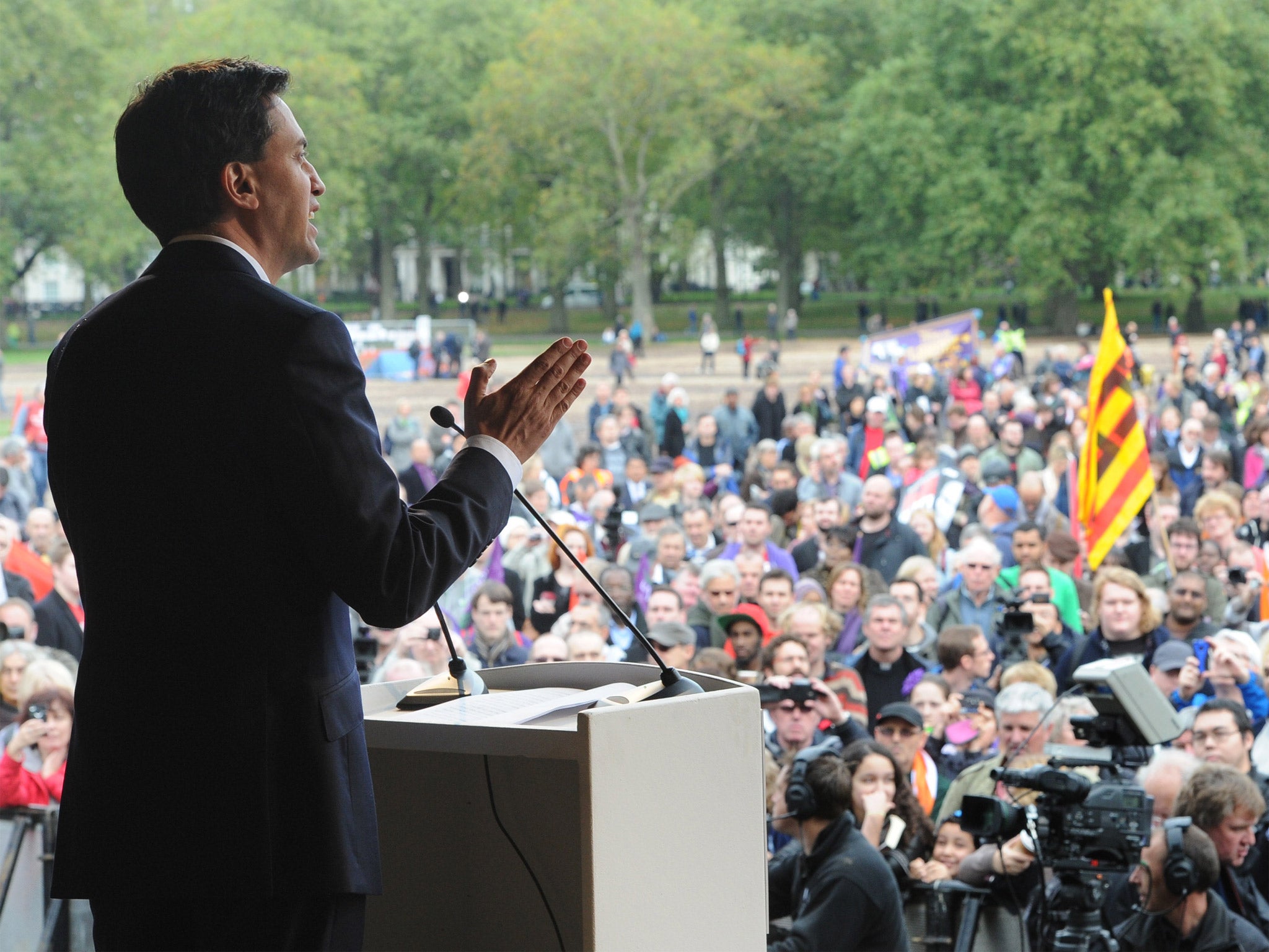 Ed Miliband addresses trade unionists at an anti-cuts rally in Hyde Park, central London, last October