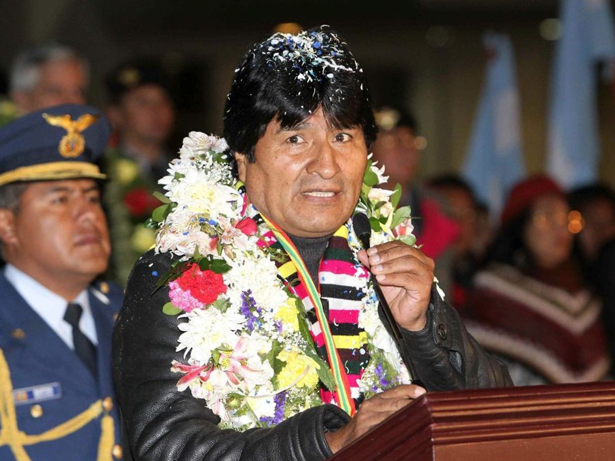 Bolivia President Evo Morales delivers a speech upon his arrival in La Paz, Bolivia, after an enforced stopover in Austria