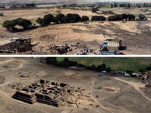 After (above): A photograph released by the Peruvian Ministry of Culture showing the Archaeological Paradise Complex area where an unidentified group destroyed "from its base, a pyramid that was 2,500 square meters and six meters high, known as Sector 12"