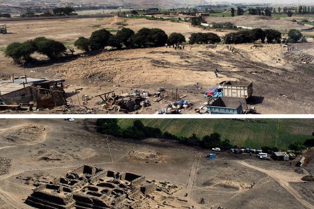 After (above): A photograph released by the Peruvian Ministry of Culture showing the Archaeological Paradise Complex area where an unidentified group destroyed "from its base, a pyramid that was 2,500 square meters and six meters high, known as Sector 12"