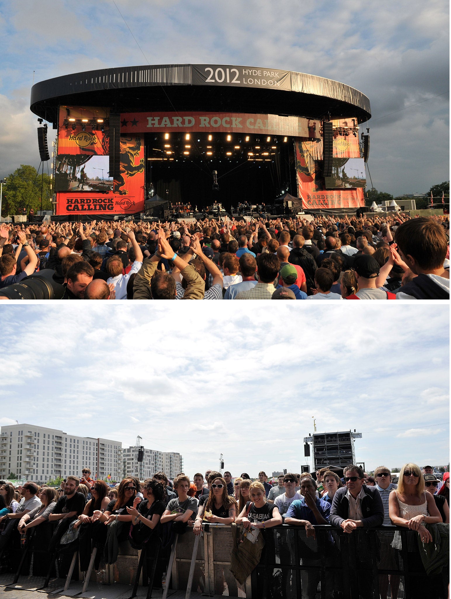 Hard Rock Calling in Hyde Park in 2012 (above) and the same festival in 2013 at the Queen Elizabeth Olympic Park