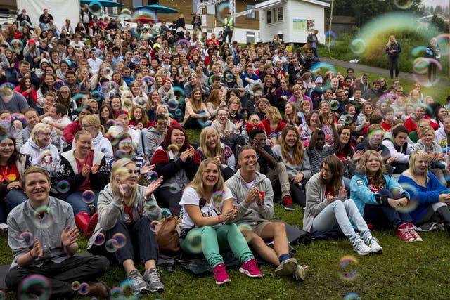 Youths at the opening of Norwegian Labour Party's Youth Organization (AUF) (Workers' Youth League) camp on Gulsrud camp
