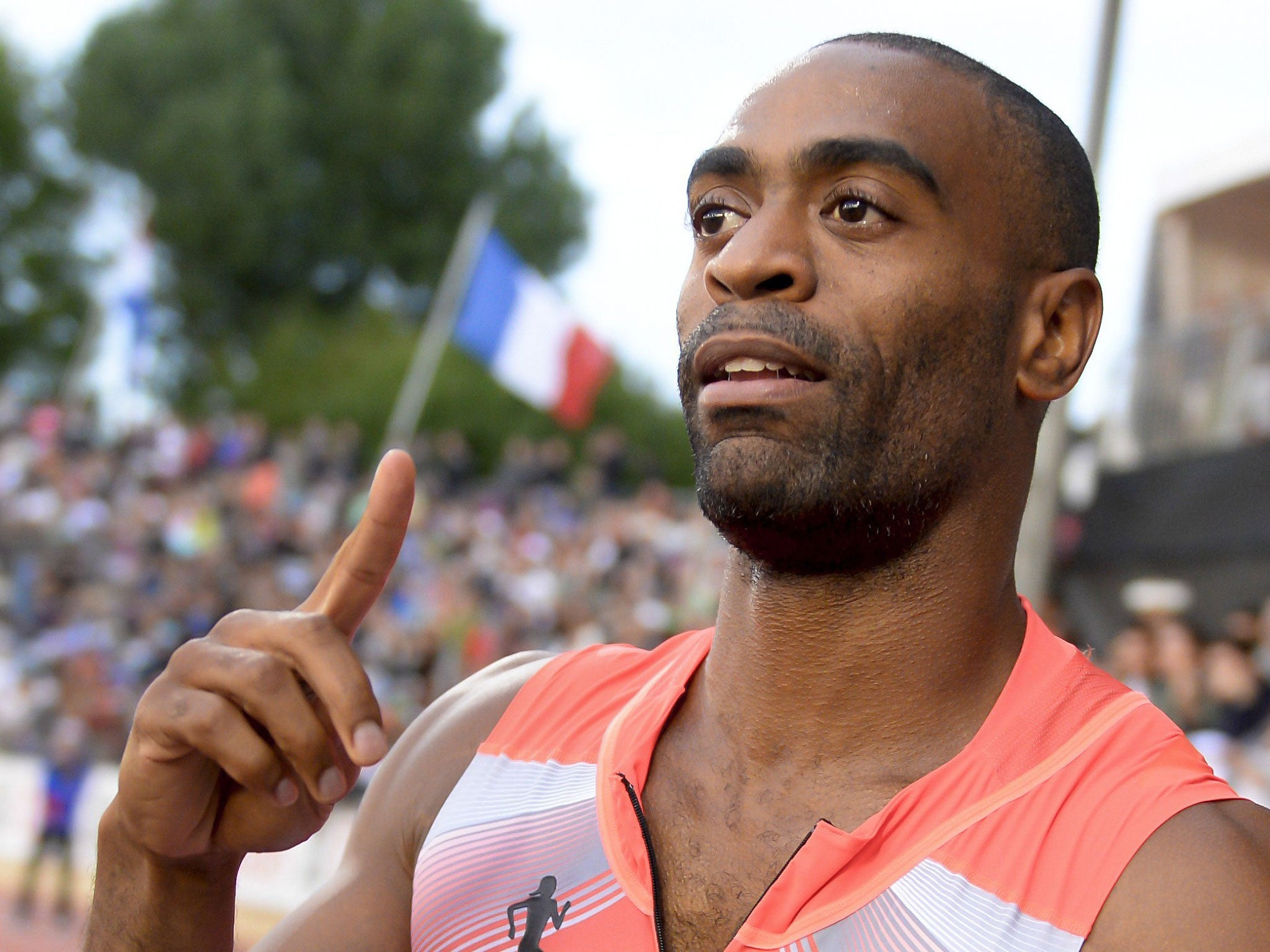 Tyson Gay celebrates after winning the Men's 100 m event during the Diamond League Athletics meeting