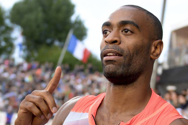 Tyson Gay celebrates after winning the Men's 100 m event during the Diamond League Athletics meeting