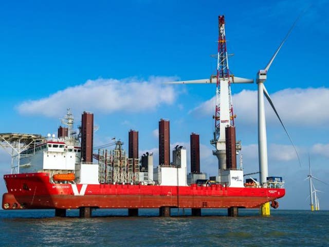 Construction work on the world's largest offshore wind farm, The London Array, off the coast of Margate, Kent