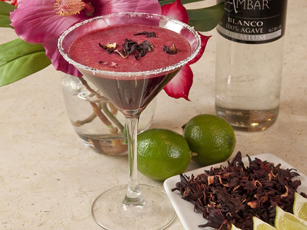 The complimentary hibiscus margarita cocktail is part of the food and flowers festival being held in London’s Covent Garden
