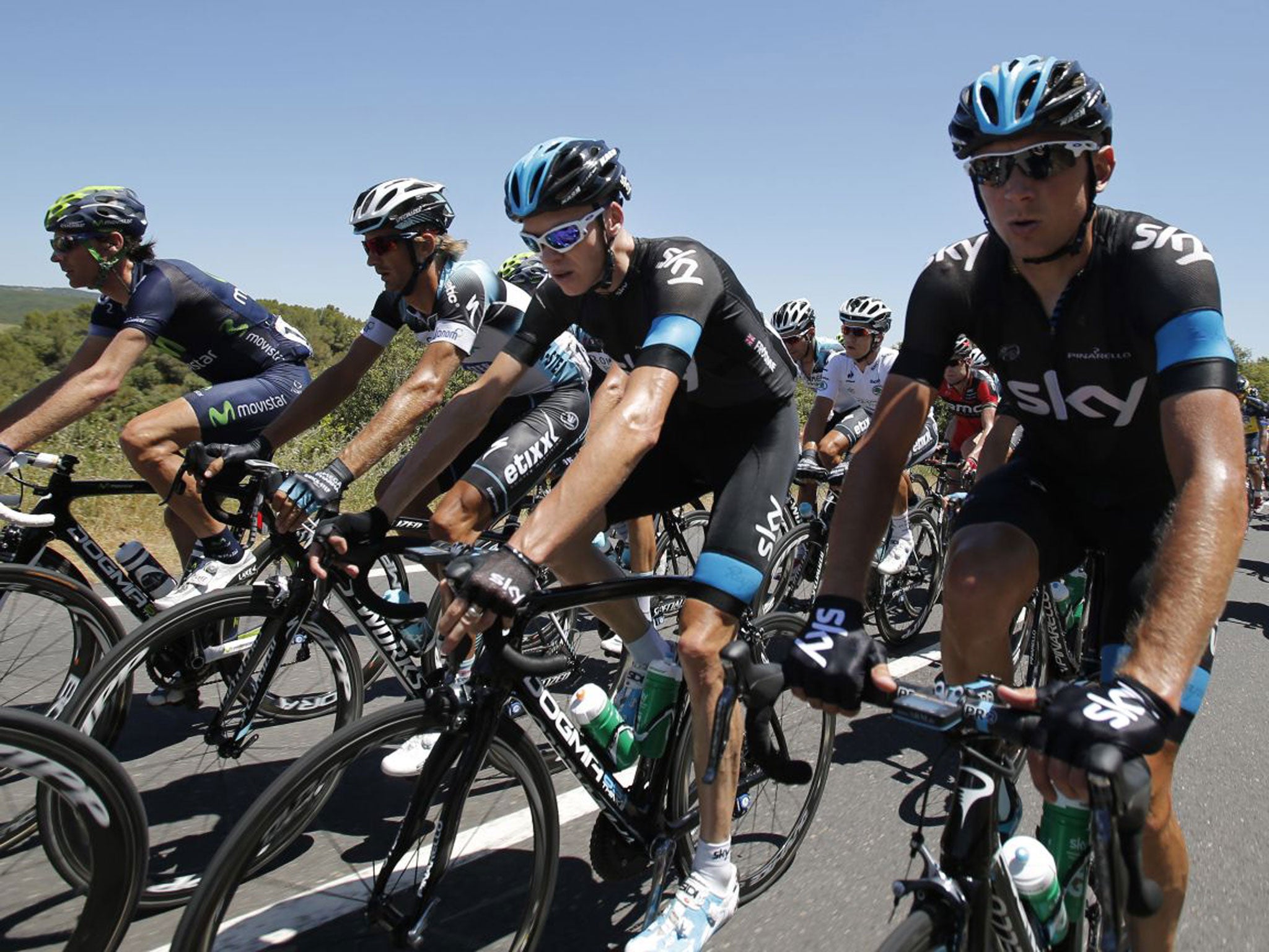 Sky’s Chris Froome (second right) finished back in the pack on Stage 7 yesterday