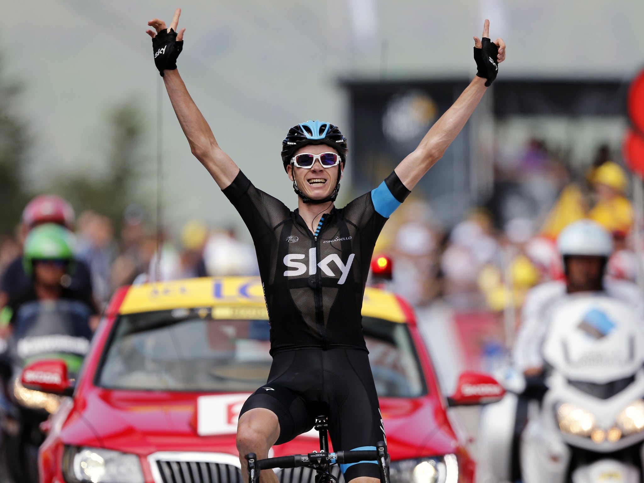 Chris Froome celebrates victory on Stage 8 of the Tour de France