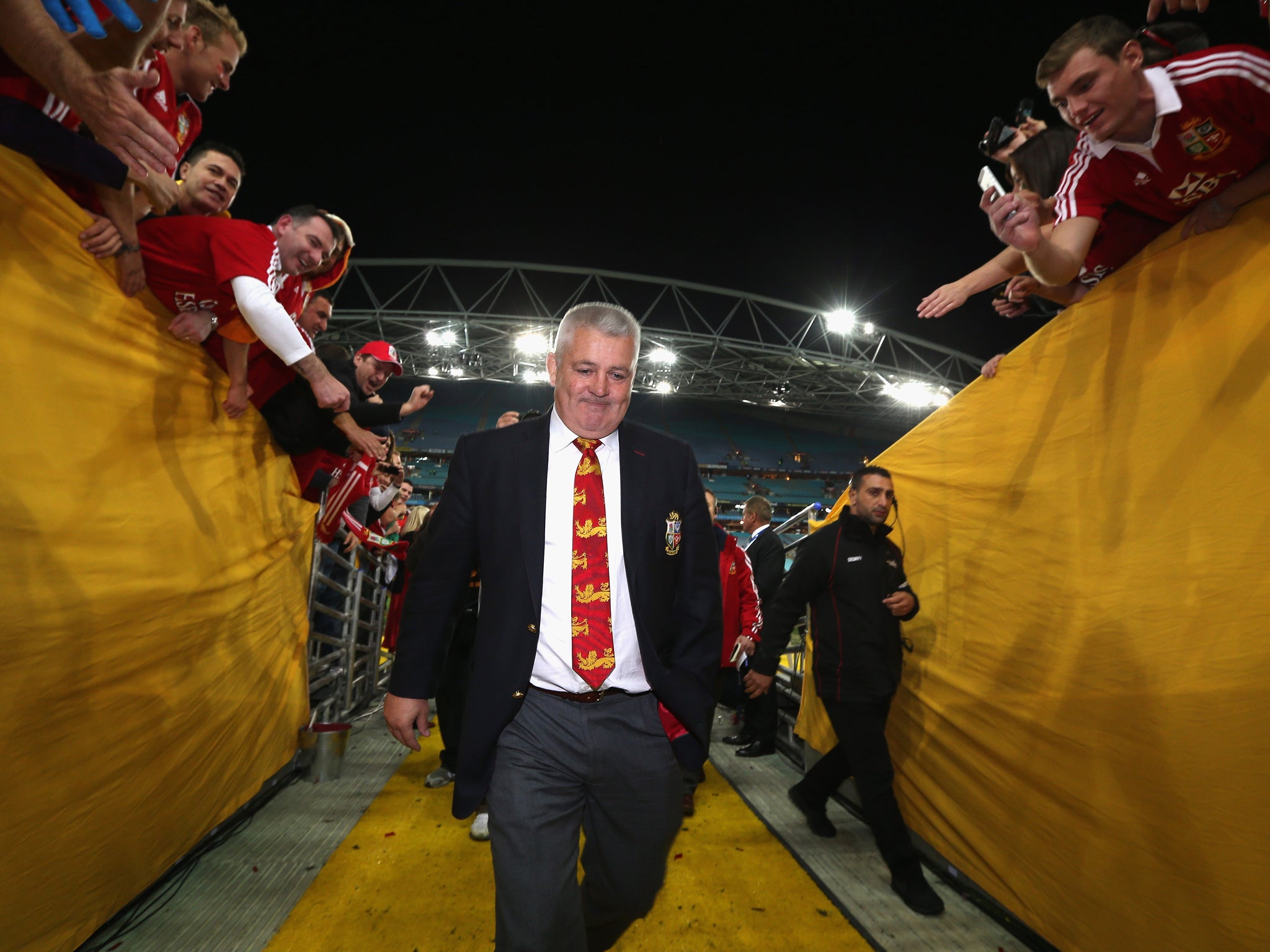 Head coach Warren Gatland leaves the ANZ Stadium pitch after the LIons victory over Australia