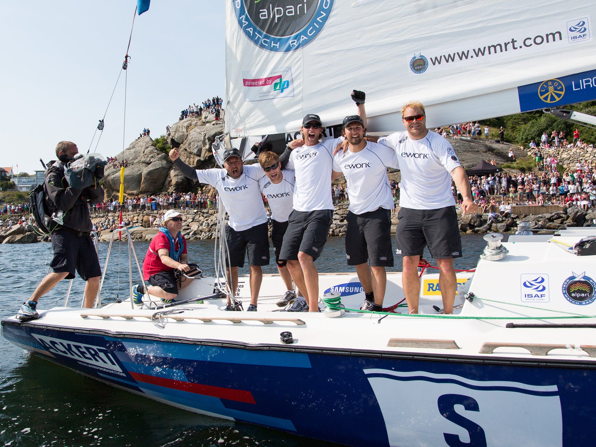 Roared home by an enthusiastic crowd, Bjorn Hansen (left in crew line-up) won the Swedish leg of the Alpari World Match Racing Tour