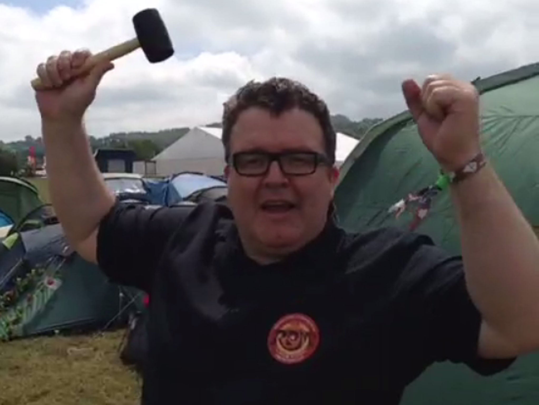 Tom Watson after putting up his tent at Glastonbury