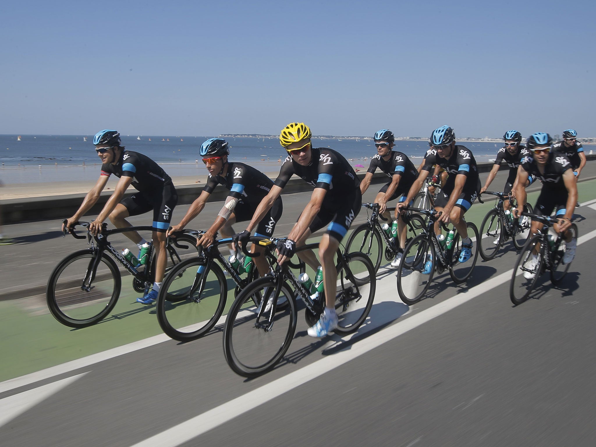 Chris Froome (yellow helmet) with his Sky team during the Tour rest day