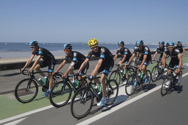 Chris Froome (yellow helmet) with his Sky team during the Tour rest day