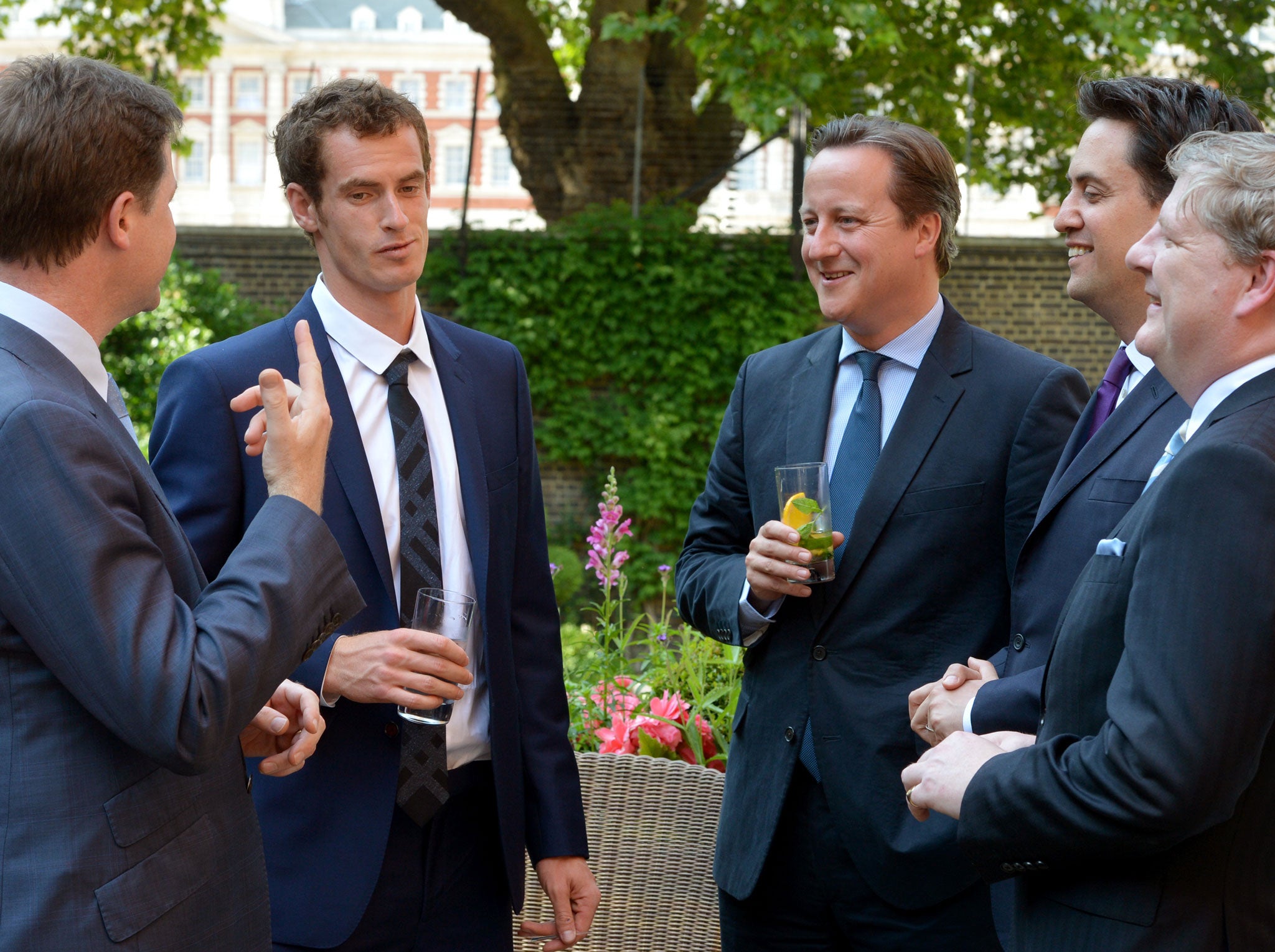 Andy Murray joins (L-R) Deputy Prime Minister Nick Clegg, Prime Minister David Cameron, Labor leader Ed Miliband and SNP Westminster leader Angus Robinson during a cross-party reception in the garden of Downing Street on July 8, 2013 in London, England.