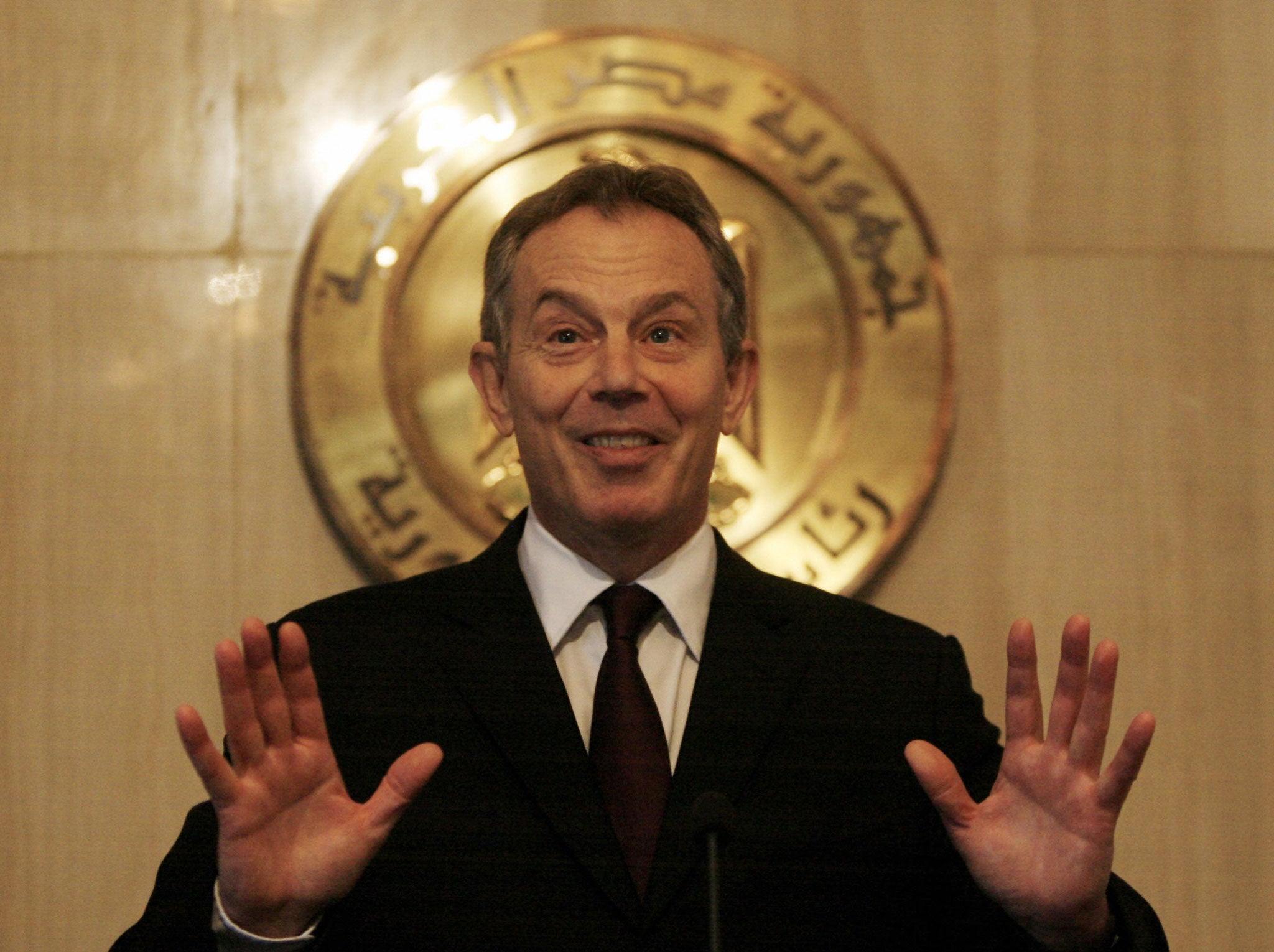 Middle East peace quartet envoy Tony Blair gestures during his press conference following his meeting with Egypt's president Hosni Mubarak in Cairo on January 12, 2009.