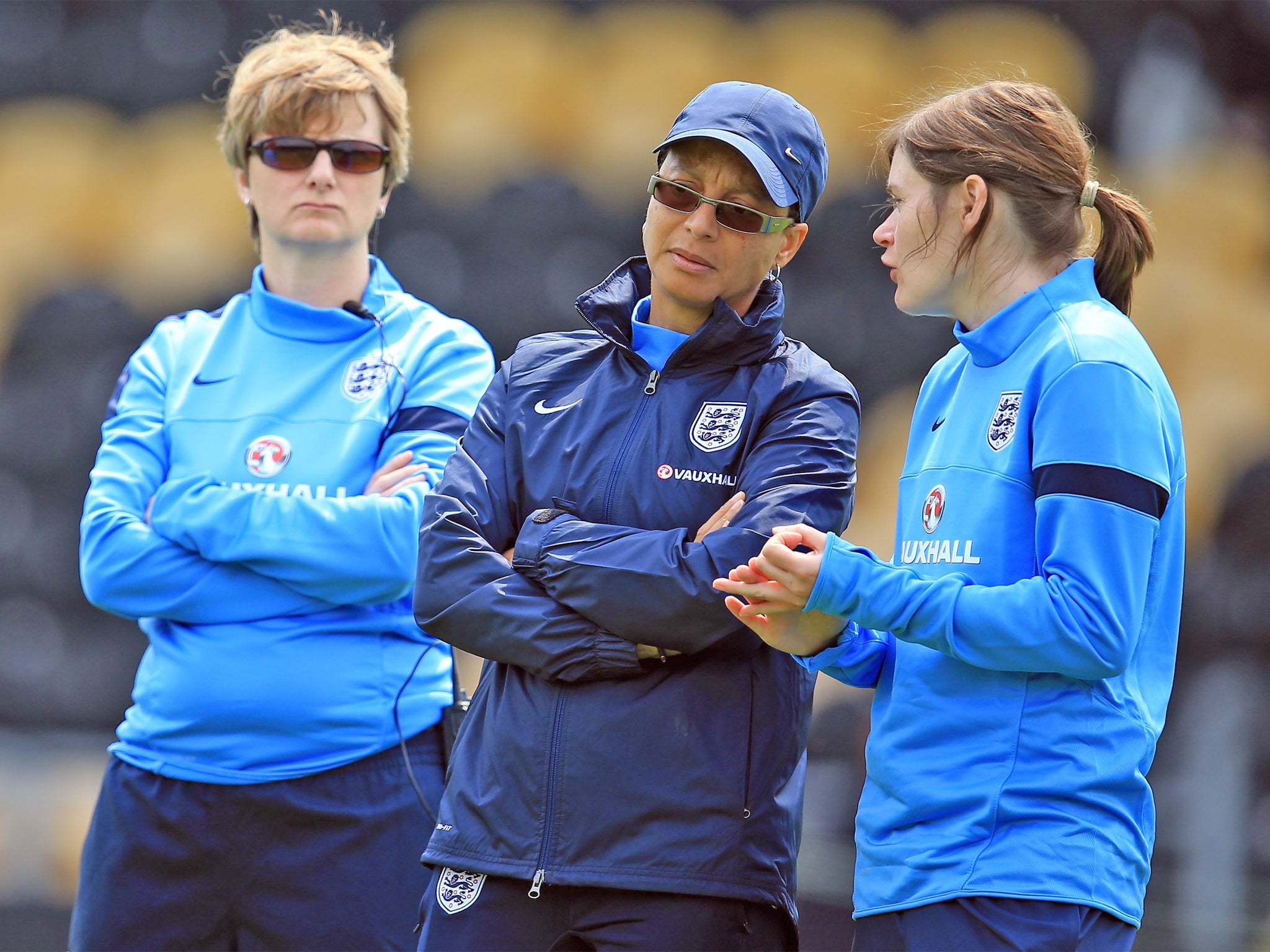 Hope Powell (centre) takes heart from her side’s Cyprus Cup win
