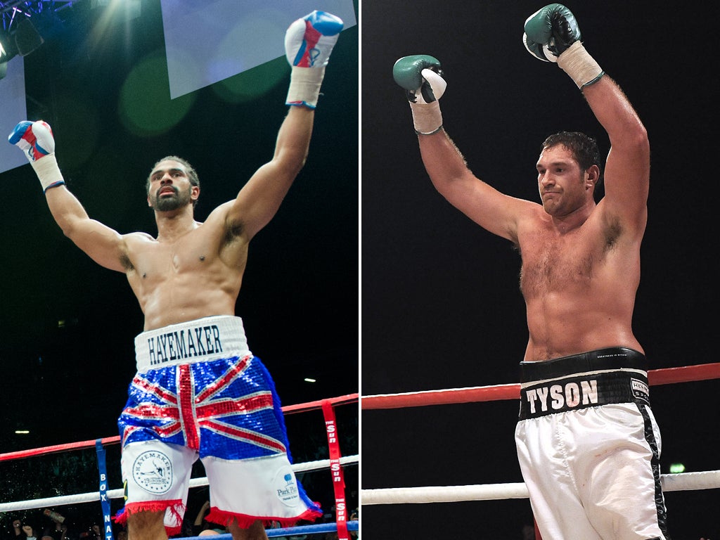 David Haye, left, is the bookmakers' favourite to beat Tyson Fury