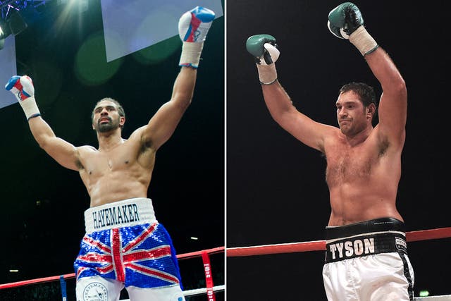 David Haye, left, is the bookmakers' favourite to beat Tyson Fury