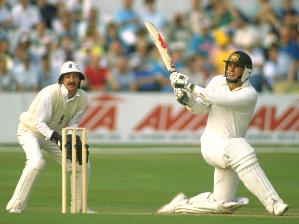 Mark Taylor on his way to 219 runs as Jack Russell keeps wicket behind him at Trent Bridge in 1989