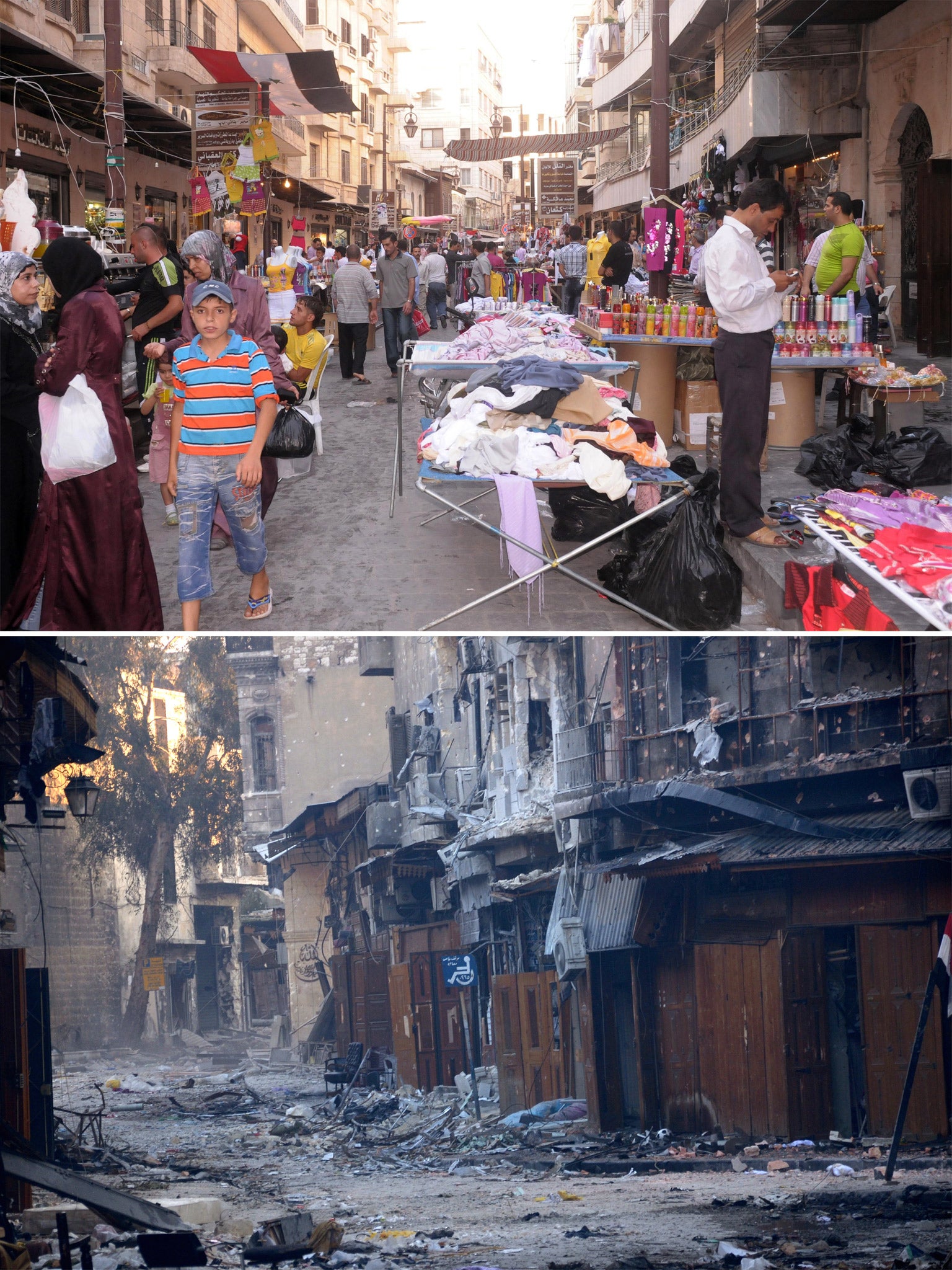 2011 - shops and stalls in the medieval souk area of Aleppo; 2013 - the old souk is now a scene of devastation