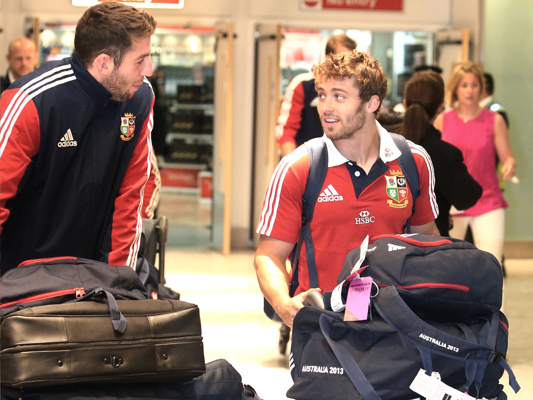 Leigh Halfpenny (right) and Alex Cuthbert arrive at Heathrow