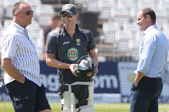 Australia captain Michael Clarke jokes with former England skippers Sir Ian Botham (left) and Andrew Strauss (right), now both of Sky