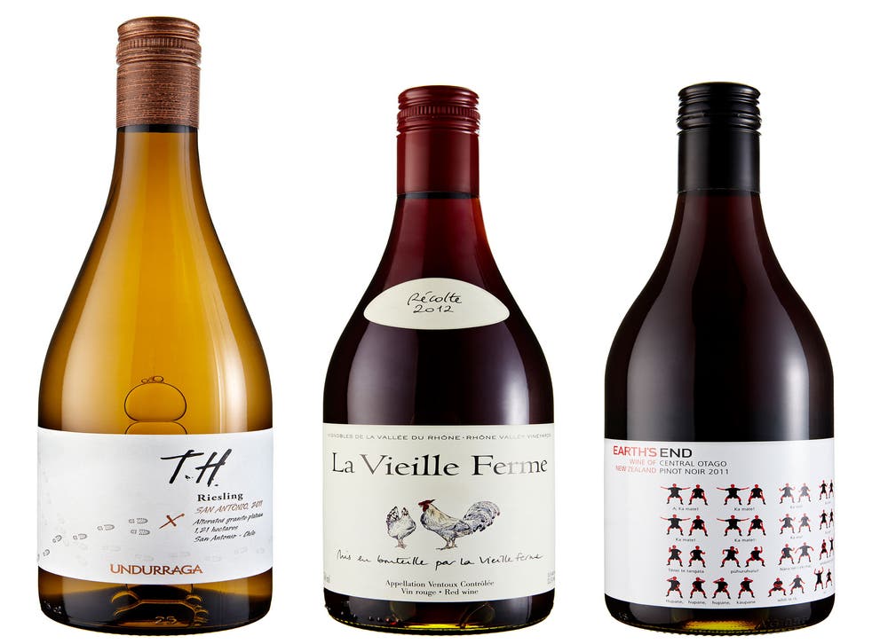 2011 Undurraga T.H. Lo Abarca Riesling; 2012 La Vieille Ferme, Côtes du Ventoux; 2011 Earth's End Pinot Noir