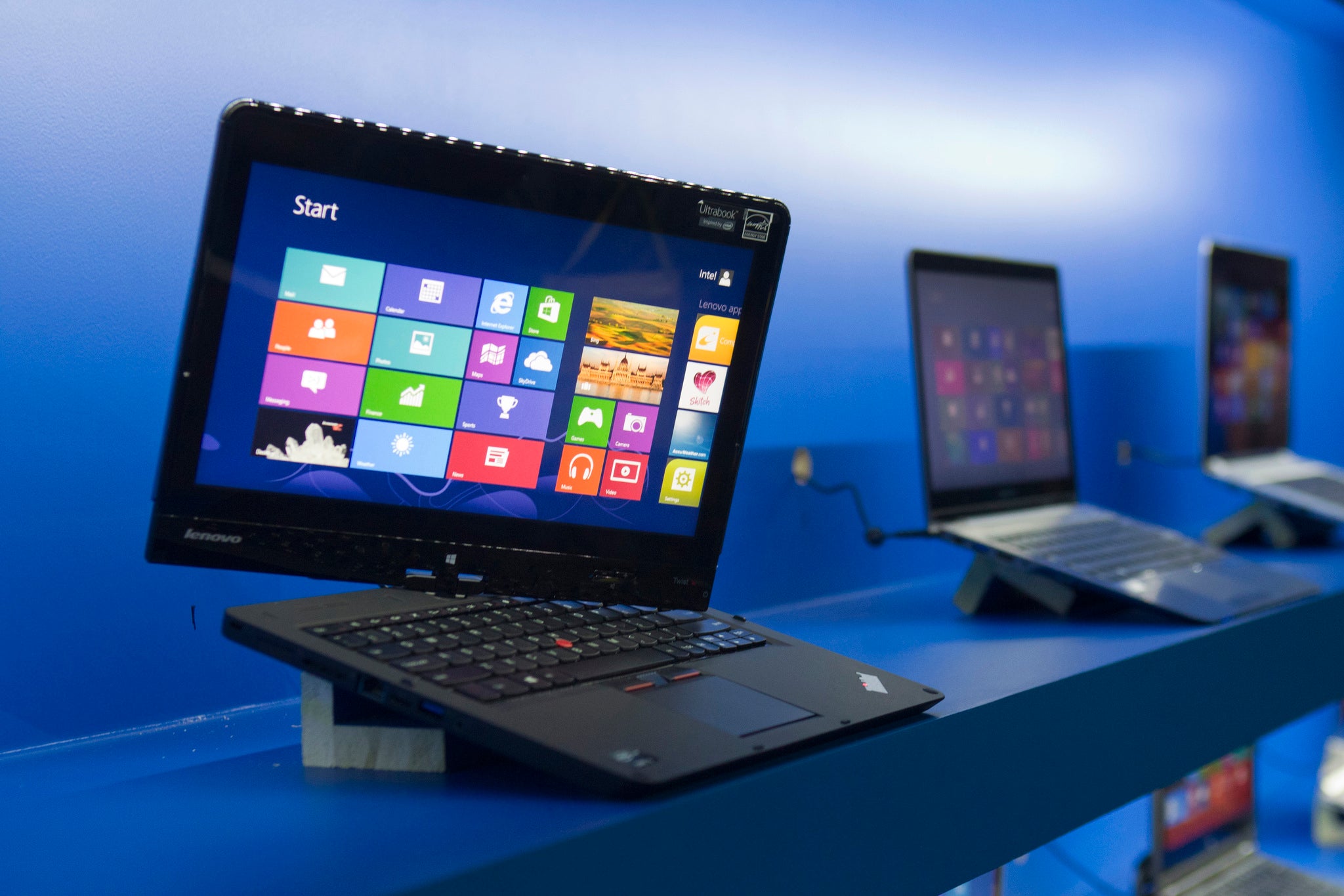 A convertible Lenovo Ultrabook is displayed at an Intel news conference during the Consumer Electronics Show (CES) in Las Vegas January 7, 2013. Intel announced improvements to its processors including one with "all day" battery life. Intel also announced