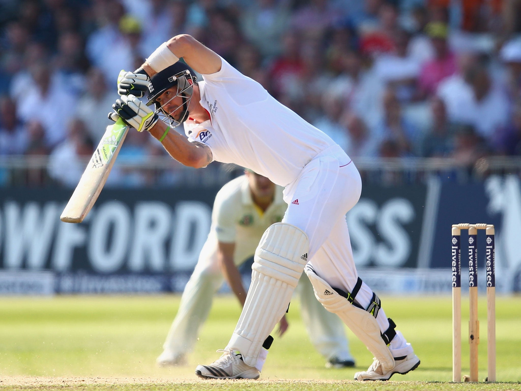 Kevin Pietersen plays straight in England’s second innings yesterday