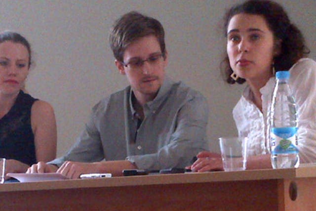 Edward Snowden at a meeting with human rights campaigners at Moscow's Sheremetyevo airport today