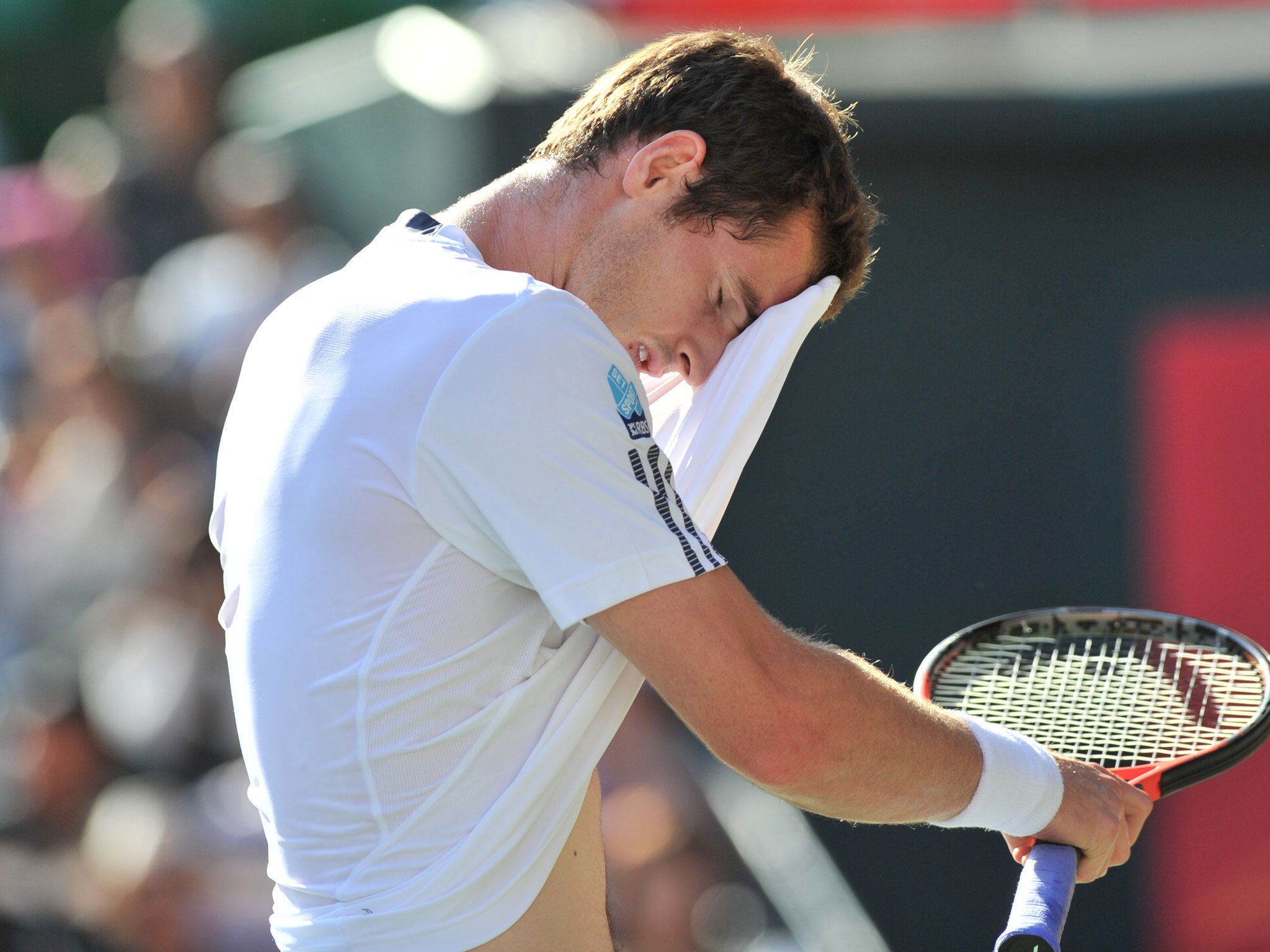 Andy Murray of Britain wipes his sweat during a men's quarter-final match against Stanislas Wawrinka of Switzerland at the Japan Open tennis tournament in Tokyo on October 5, 2012.