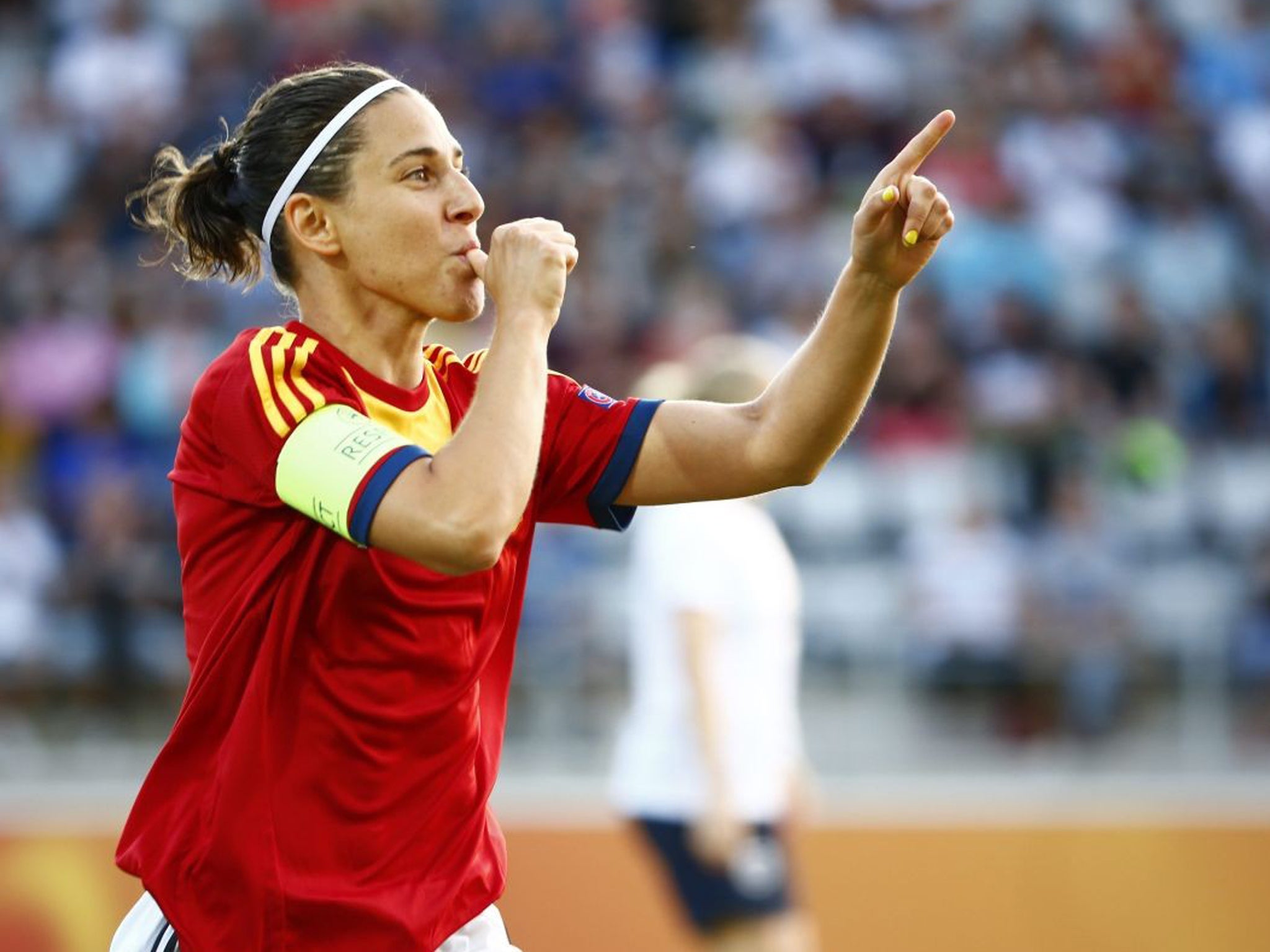 Spain captain Veronica Boquete celebrates after opening the scoring against England last night