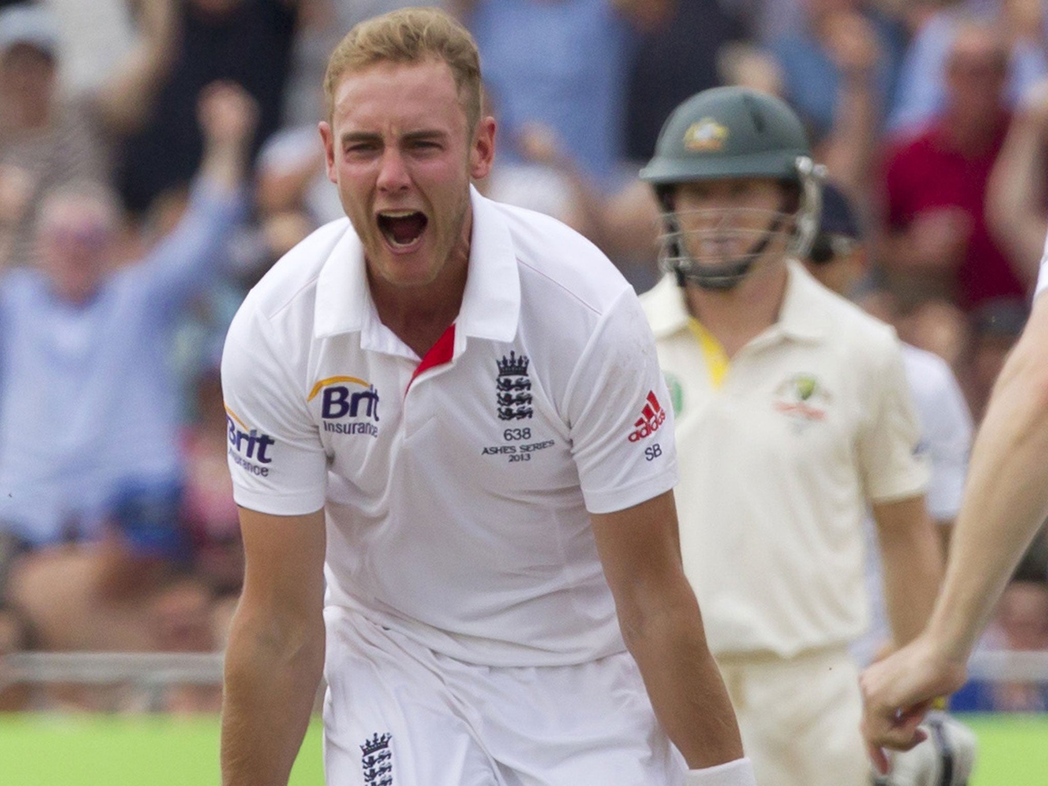 Stuart Broad celebrates as only he knows how after taking Waton’s wicket