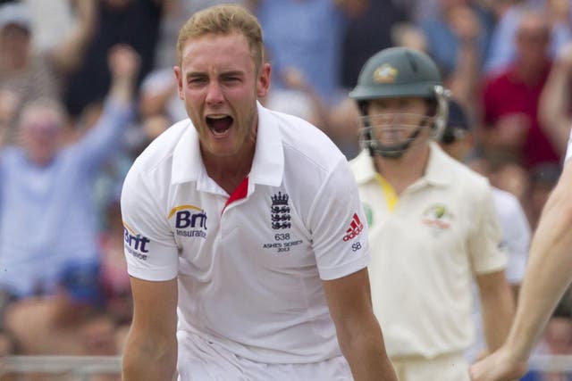 Stuart Broad celebrates as only he knows how after taking Waton’s wicket