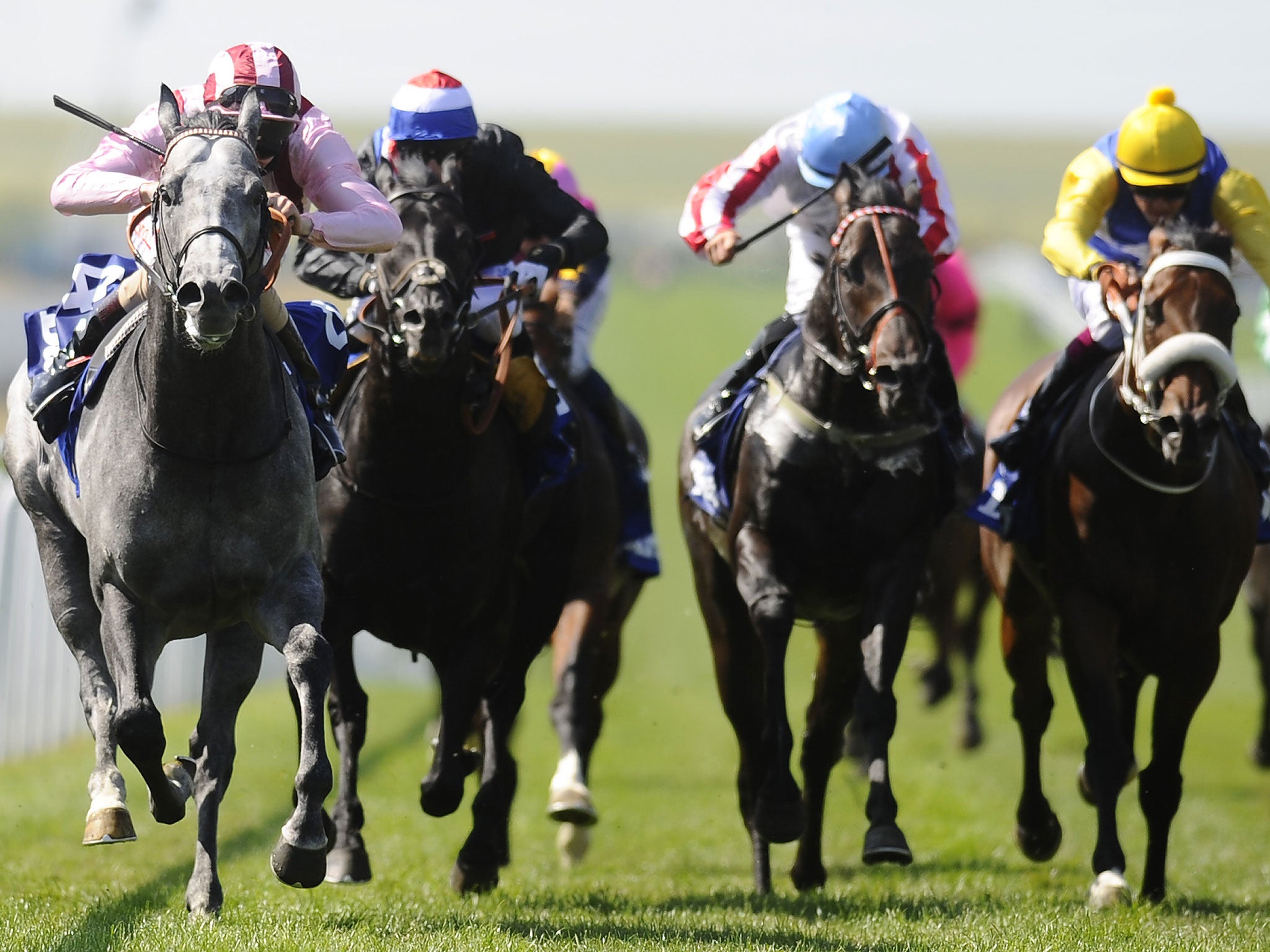 Lethal Force, left, wins the Darley July Cup under jockey Adam Kirby