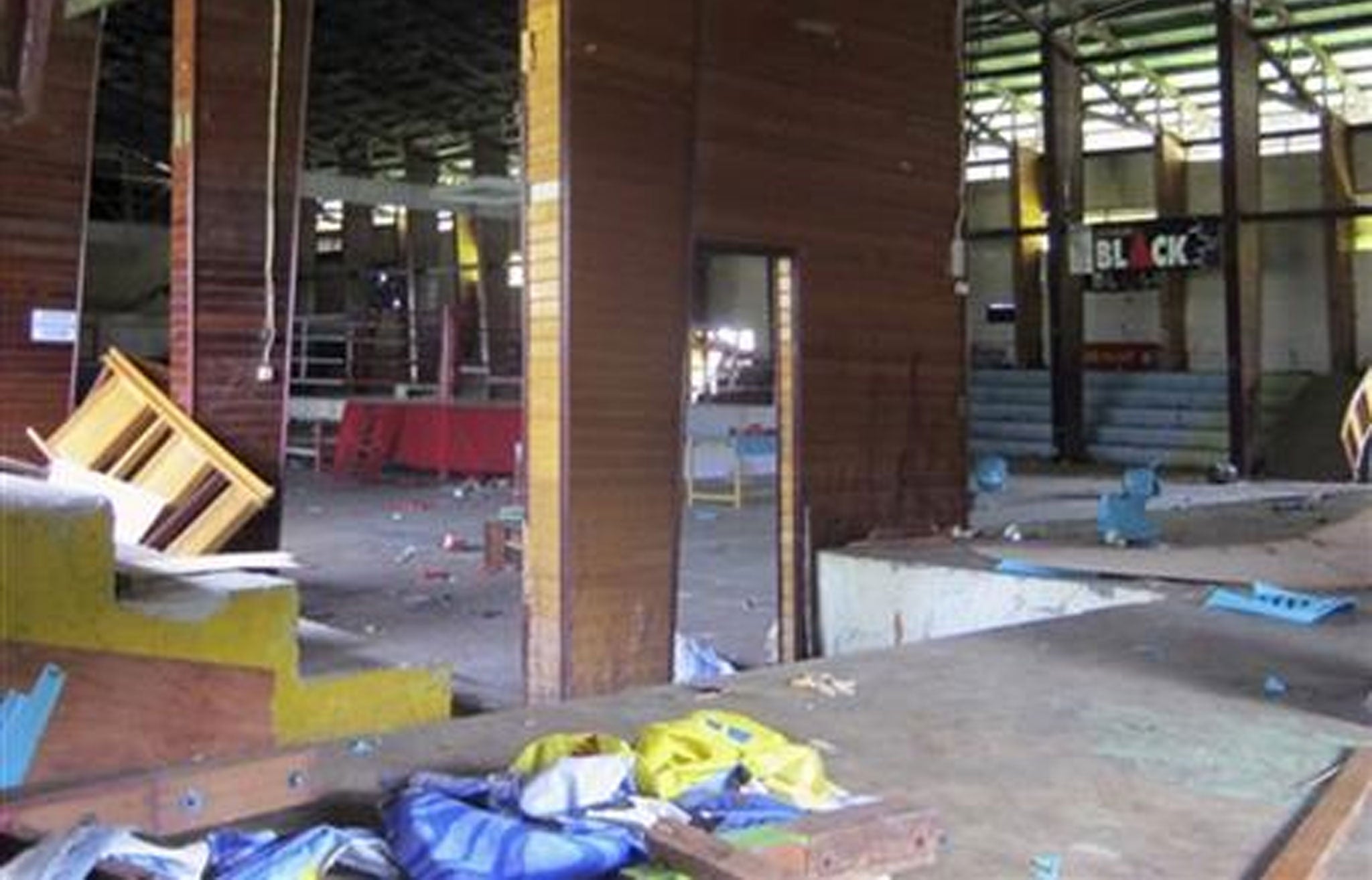 This photo shows the interior of a stadium where more than a dozen of people were killed in a stampede after spectators rioted to protest a local boxer's loss, in Nabire, Papua province, Indonesia