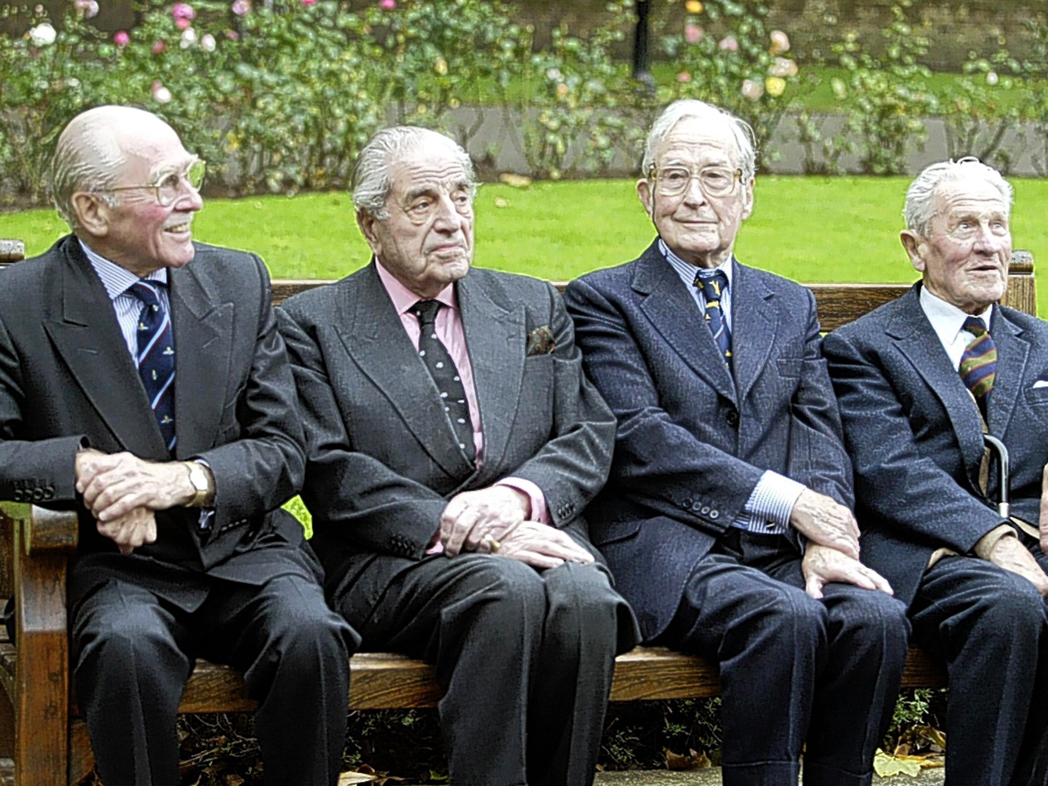 Veterans of the Great Escape and Colditz gather for the exhibition 'Great Escapes' at the Imperial War Museum in London in 2004, left to right: Alan Bryett, Campbell, Jimmy James and Keith Lockwood
