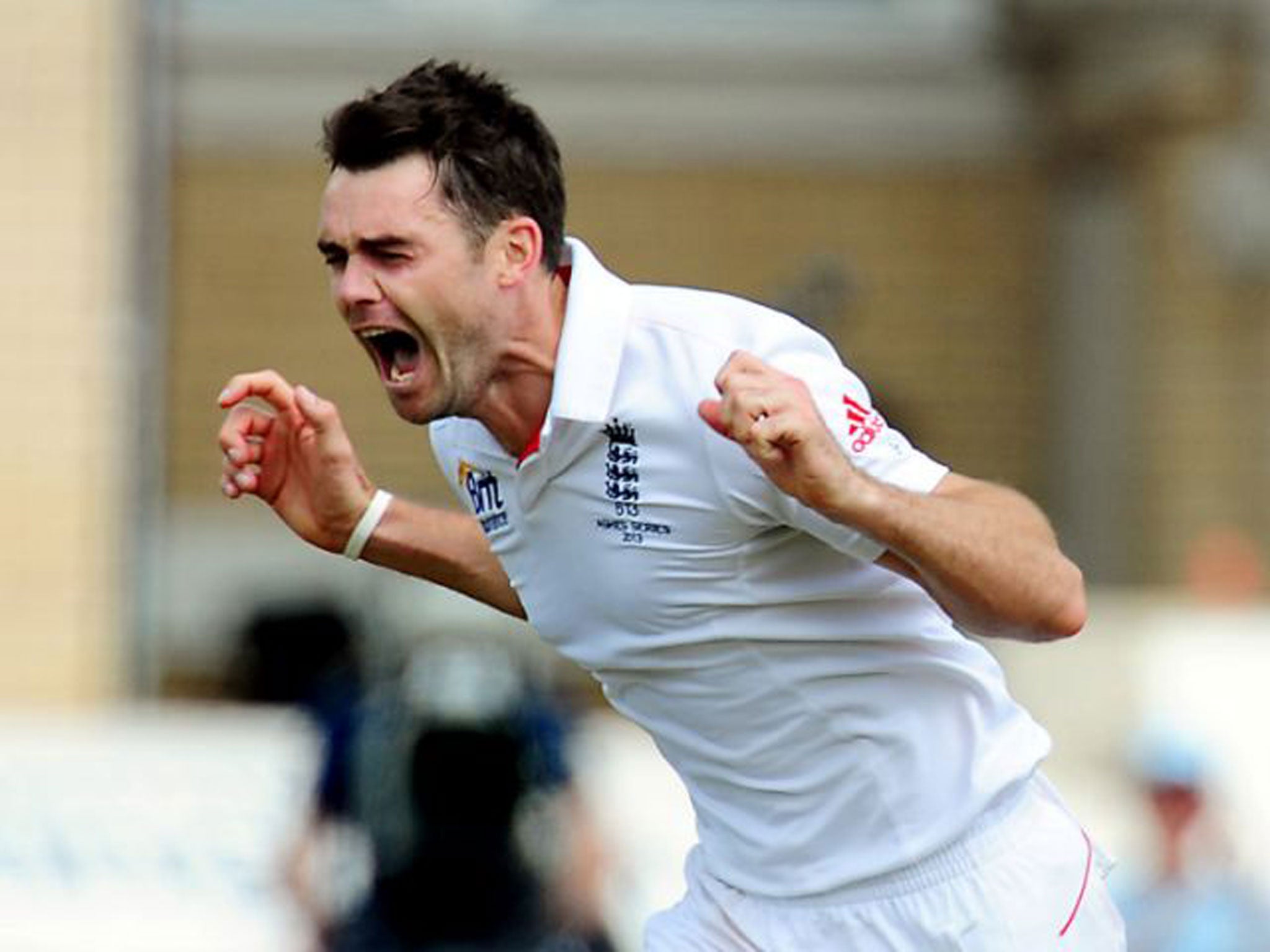 Jimmy Anderson celebrates after taking the wicket of Ashton Agar at Trent Bridge