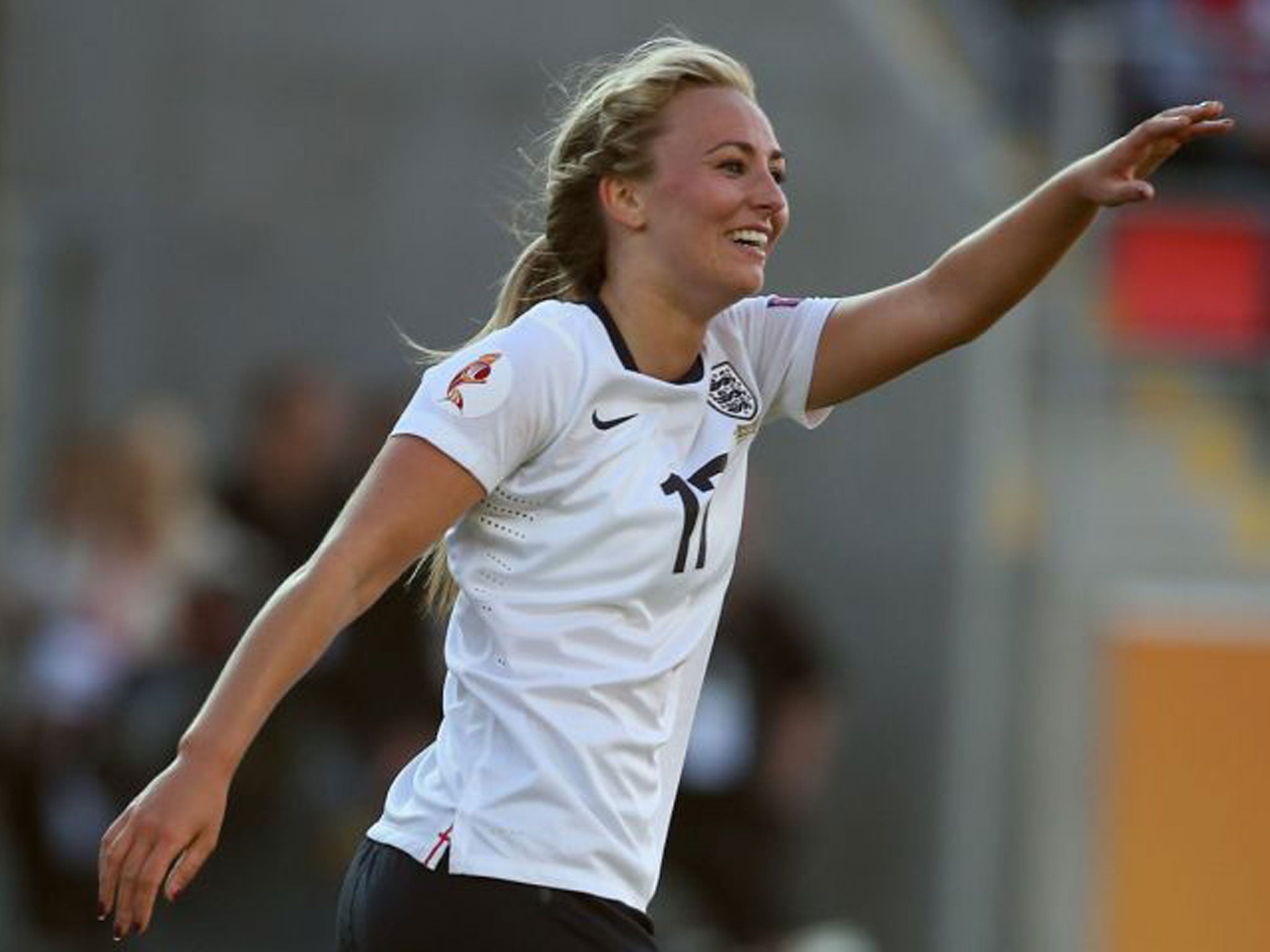 Toni Duggan celebrates her late equaliser for England