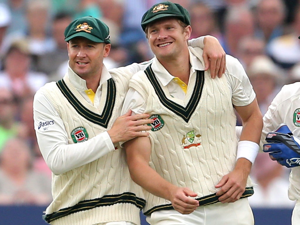 Michael Clarke (left) and Shane Watson are all friends in the slips at Trent Bridge