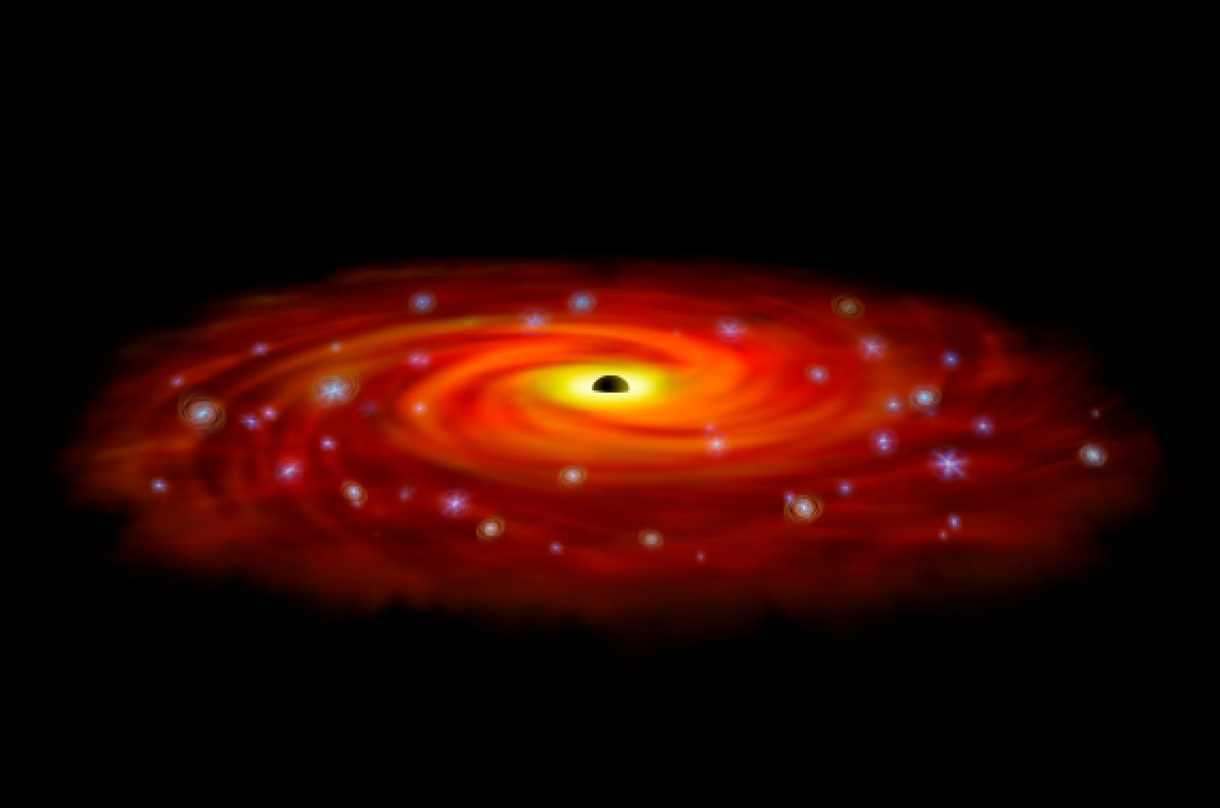 The ring of stars circling Sagittarius A*, the Milky Way's central black hole, shows a combination of infrared and X-ray observations indicating that a surplus of massive stars has formed from a large disk of gas around the black hole in this artist's con