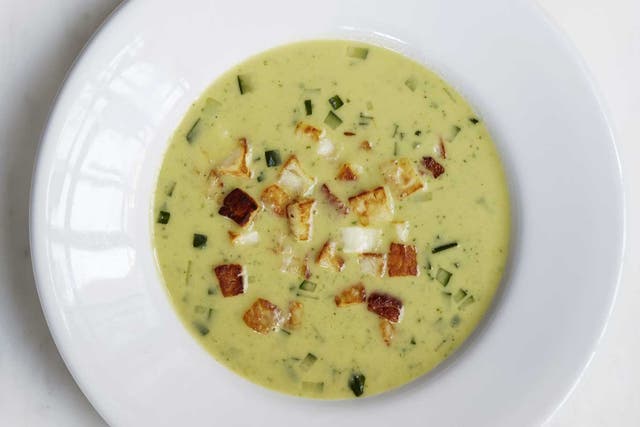 Cucumber and lovage soup with crispy haloumi