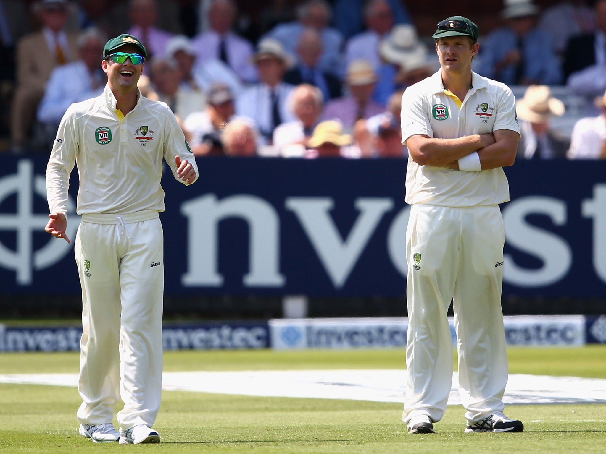 Michael Clarke (left) sees the funny side at Lord’s yesterday. Shane Watson does not