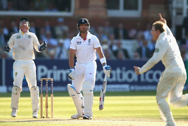 Steve Smith (right) celebrates Matt Prior’s wicket, one of three he took late yesterday for Australia
