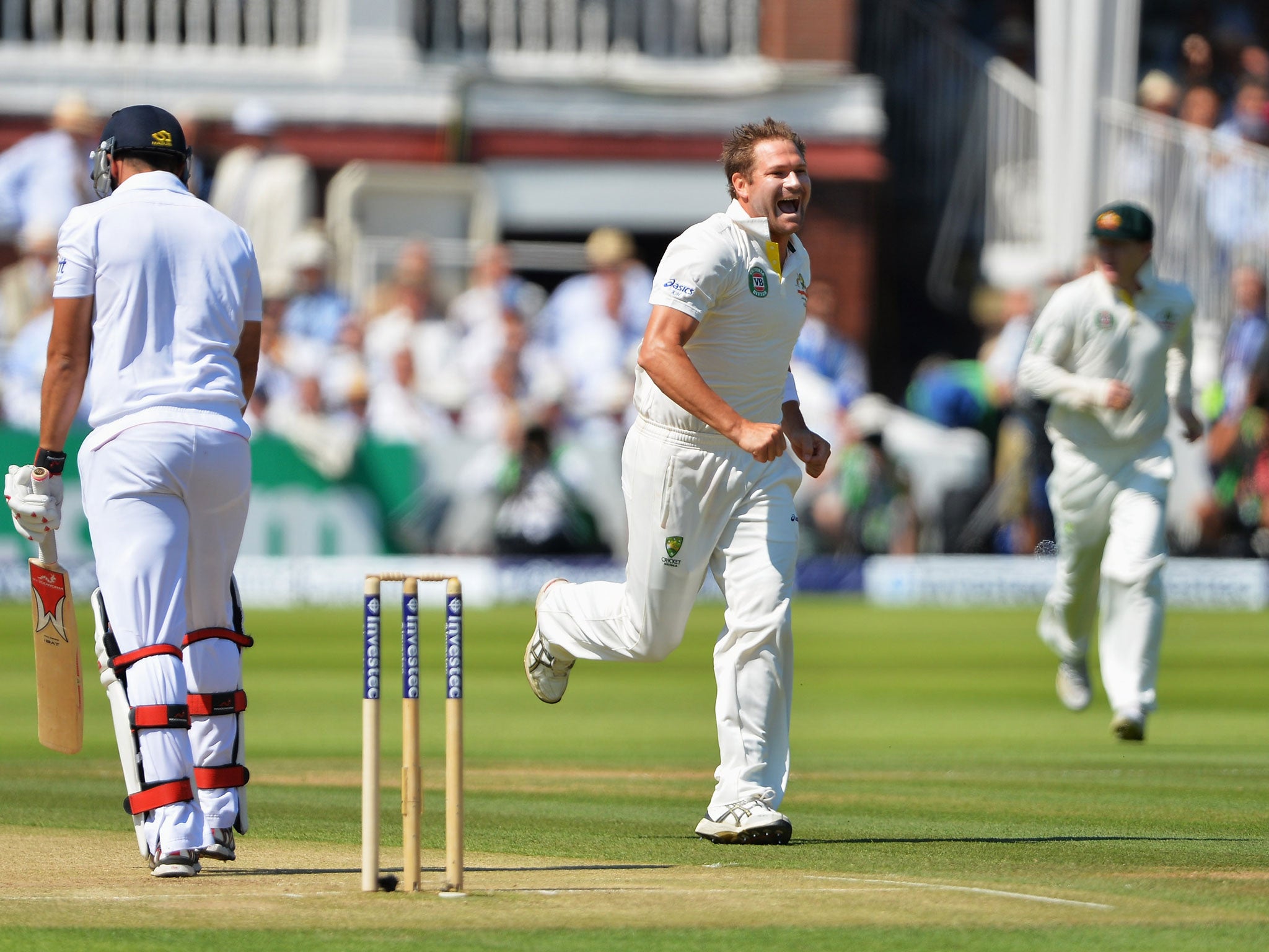 Ryan Harris gets Tim Bresnan with the first ball of the day