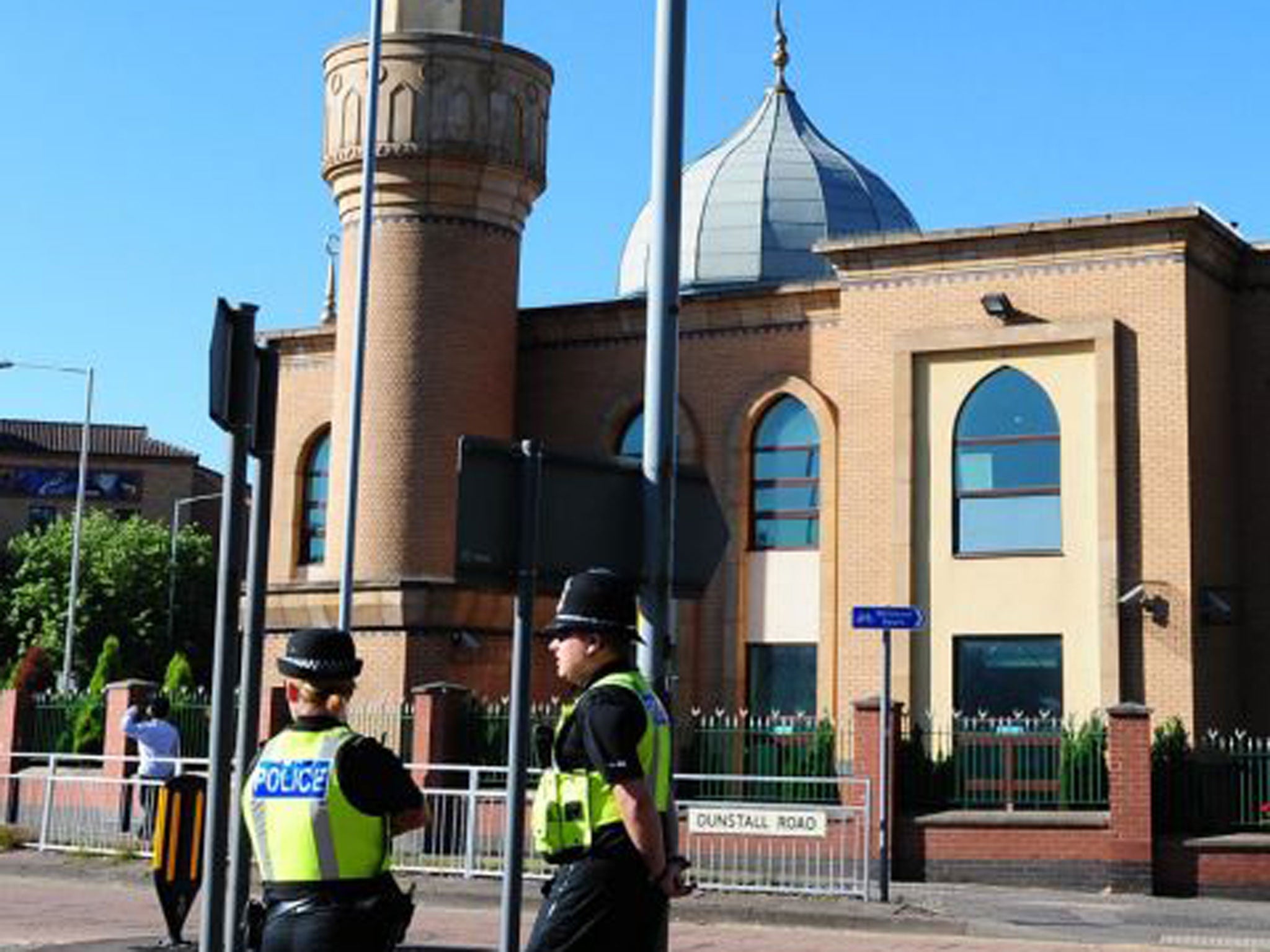 Police officers on patrol outside the Wolverhampton Central Mosque